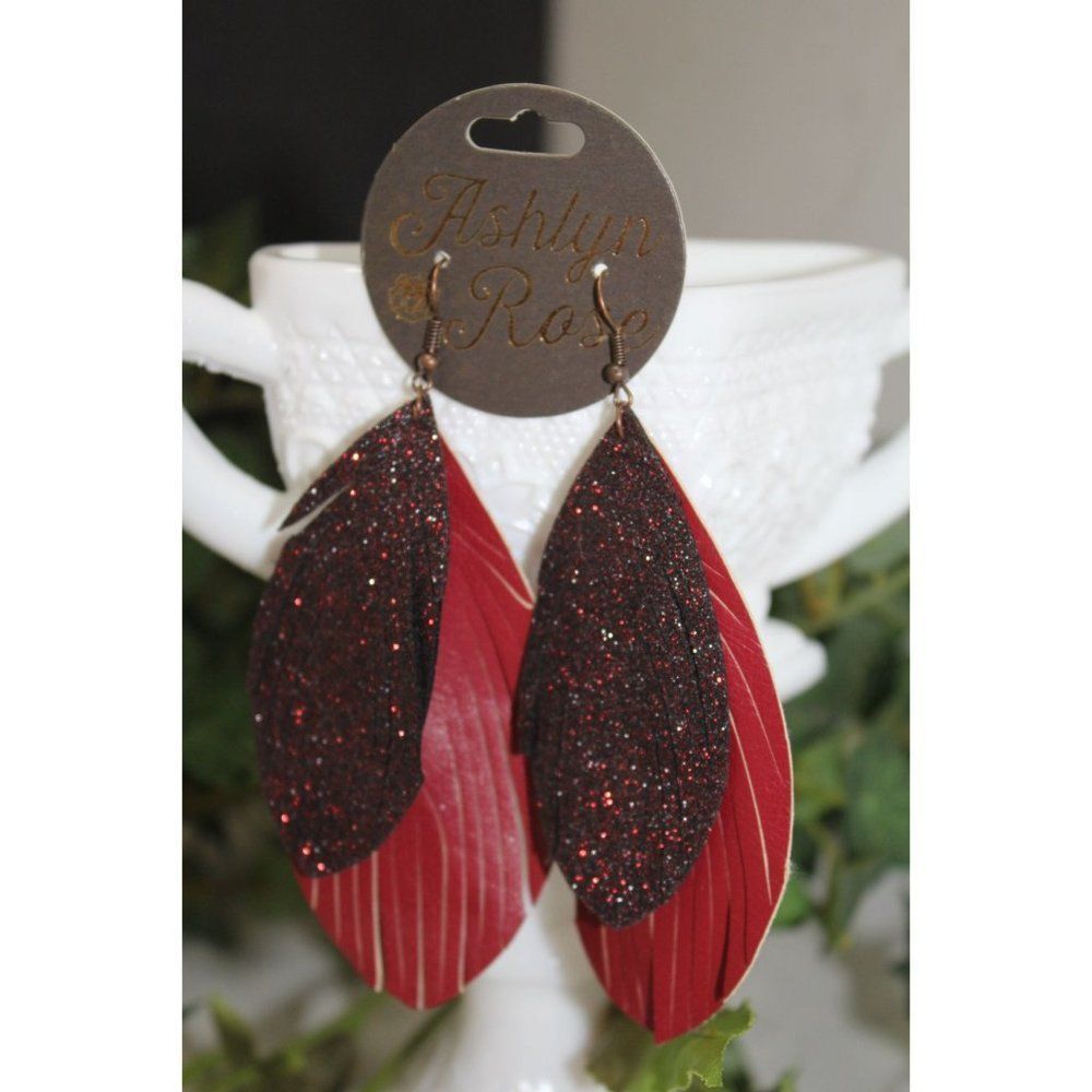 AshlynRose Layered Feather‎ Faux Leather & Glitter Earrings (Maroon)